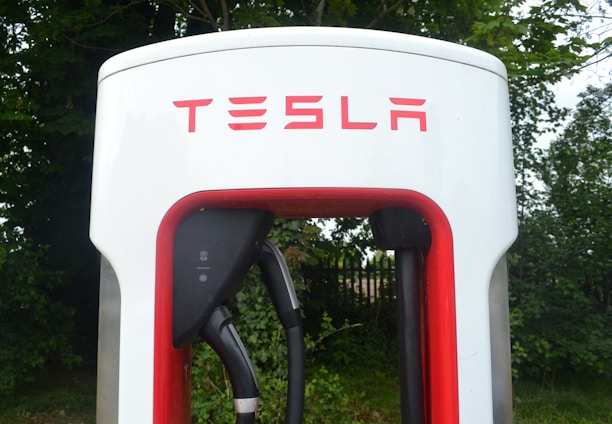 Close-up view of a Tesla electric vehicle charging station placed amidst a backdrop of green foliage. The station has a prominent red and white design, with the Tesla logo displayed at the top.