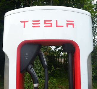 Close-up view of a Tesla electric vehicle charging station placed amidst a backdrop of green foliage. The station has a prominent red and white design, with the Tesla logo displayed at the top.