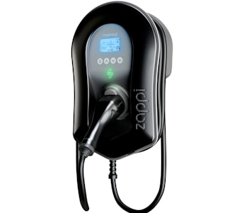 A sleek, black electric vehicle charging station with a built-in digital screen displaying various icons and indicators. It has a plug attached to a charging cable, which is coiled neatly at the bottom.