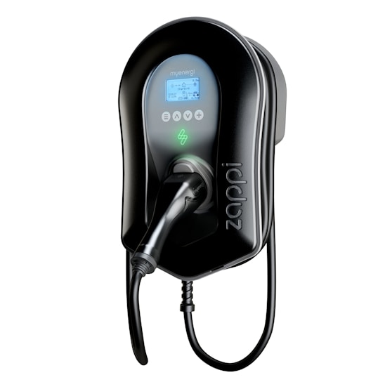 A sleek, black electric vehicle charging station with a built-in digital screen displaying various icons and indicators. It has a plug attached to a charging cable, which is coiled neatly at the bottom.