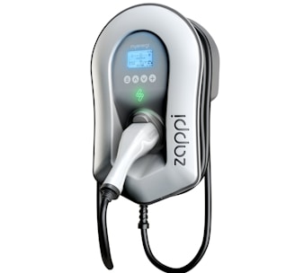 A sleek, modern electric vehicle charging unit with a digital display. The design showcases a gray and black color scheme, featuring a prominent charging cable and plug. The branding and control buttons are visible, including a logo and green indicator light.